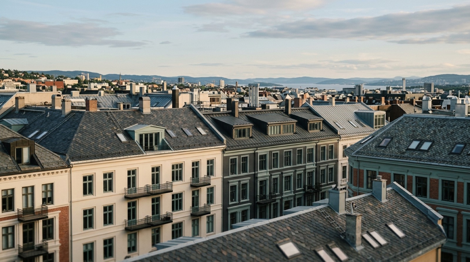 Utsikt over hustak i Oslo i ettermiddagslys