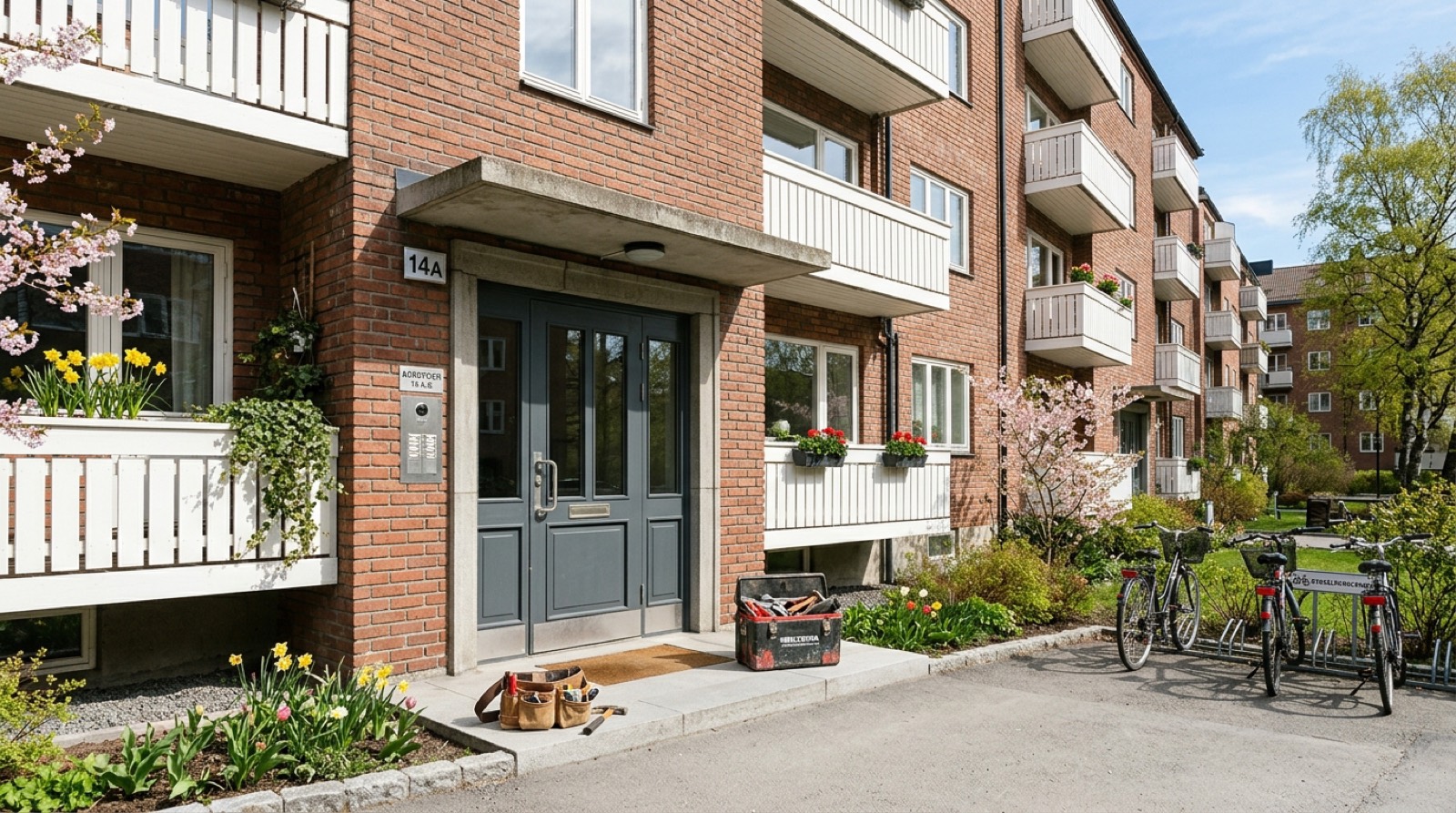 Resepsjon i et næringsbygg med nyvasket gulv